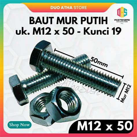 Jual BMP M12x50 BAUT MUR PUTIH M12 X 50mm HEX GALVANIS Shopee Indonesia