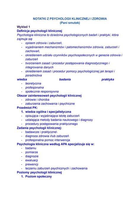 Dokument Bez Tytu U Notatki Z Psychologii Klinicznej I Zdrowia Pani