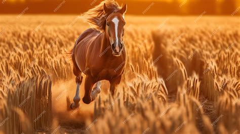 Premium Photo A Horse Running Through A Field Of Wheat