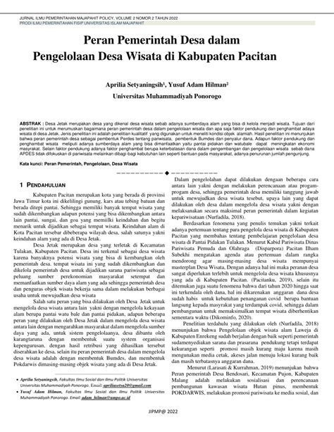 Pdf Peran Pemerintah Desa Dalam Pengelolaan Desa Wisata Di Kabupaten