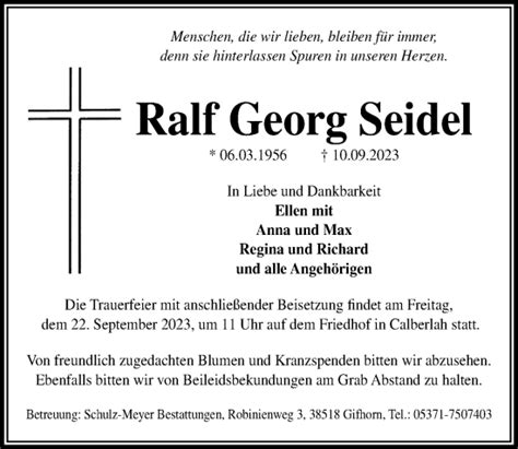 Traueranzeigen Von Ralf Georg Seidel Trauer Anzeigen De