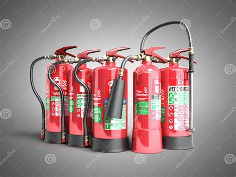 Fire Extinguishers Isolated On Grey Background Various Types Of Stock Illustration