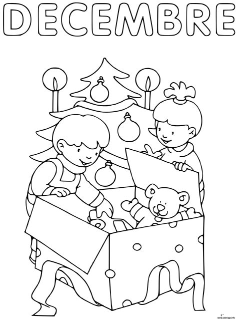 Coloriage Decembre Les Enfants Deballent Des Cadeaux Dessin Decembre