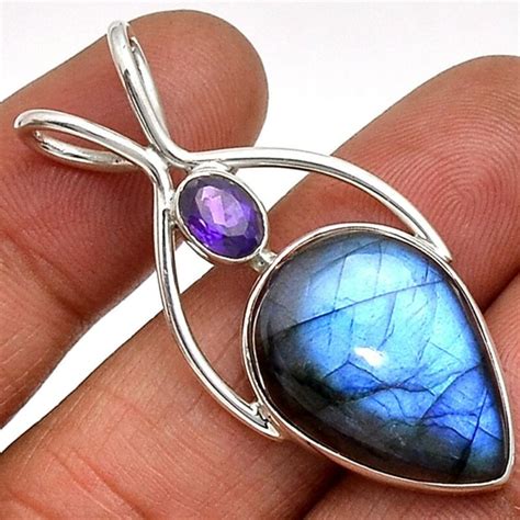 Pendentif protection labradorite et améthyste monture argent 925 ref 2462