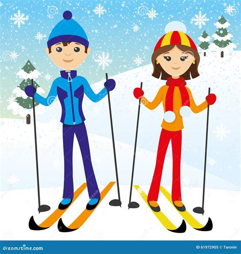 Happy Couple Skiing Stock Vector Image 61972905