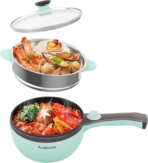 Audecook Green L Electric Hot Pot Mini Nonstick Saut Pan With Steamer Multicooker For
