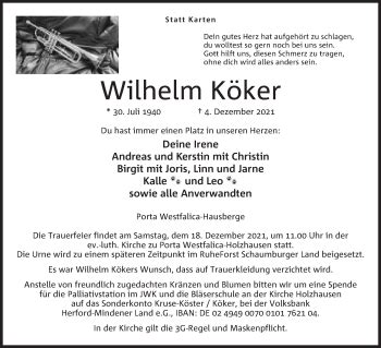 Traueranzeigen von Wilhelm Köker Trauer MT de