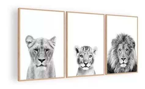 Cuadro Decorativo Mural Triptico Leones 90x42 Mdf Cuotas Sin Interés