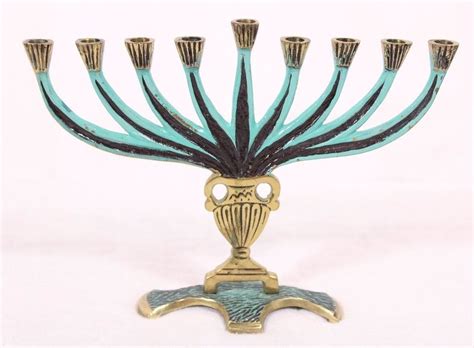 Brass Bronzed Hanukkah Menorah Jewish Candle Holder Painted Accents