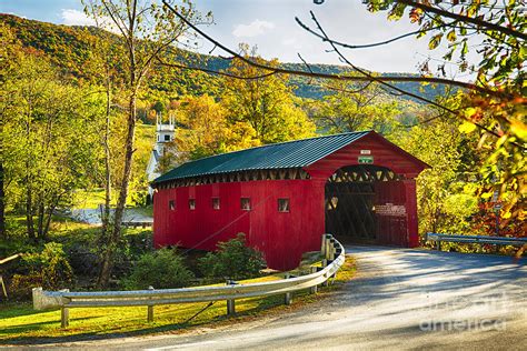 Red Covered Bridge In The Green Mountains Photograph By George Oze