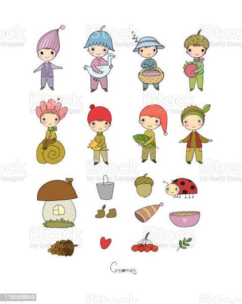 Cute Funny Cartoon Garden Gnomes Funny Elves Stock Illustration