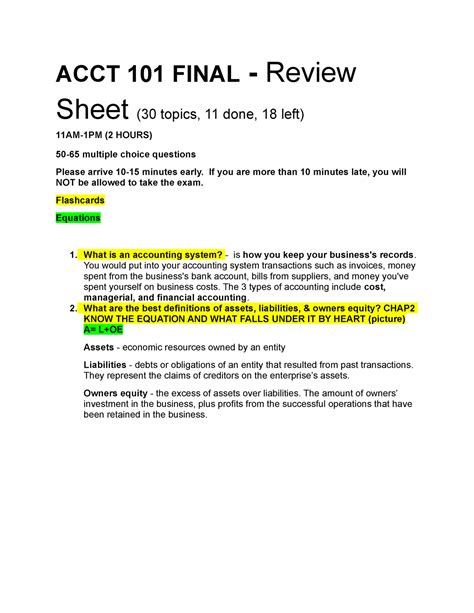 ACCT 101 Final Review Sheet ACCT 101 FINAL Review Sheet 30 Topics