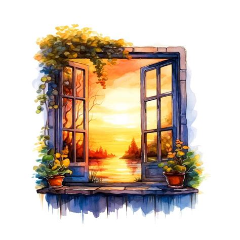 Premium Vector | Vintage window with sunset view watercolor painting