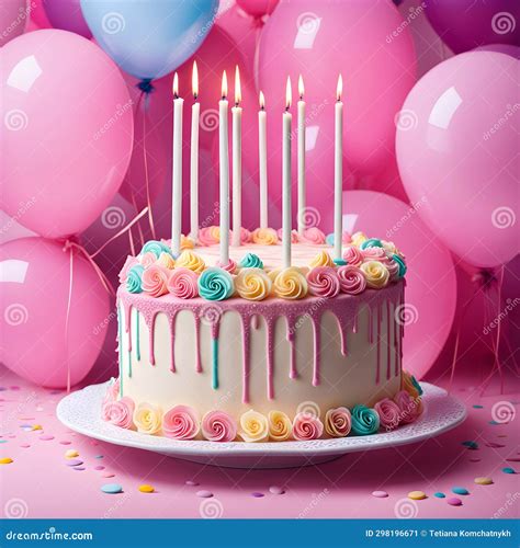 Bright Big Beautiful Birthday Cake with Candles and Many Pink Balloons ...