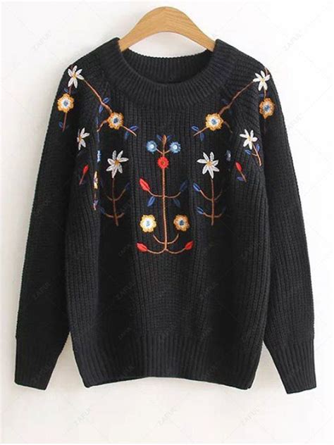 2018 Floral Embroidery Sweater In Black One Size Zaful