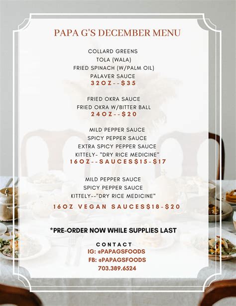 papa gs foods papa gs december menu   facebook