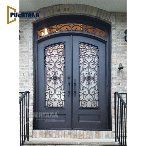 Exterior Arched Top Steel Main Entrance Wrought Iron French Double Front Entry Door With