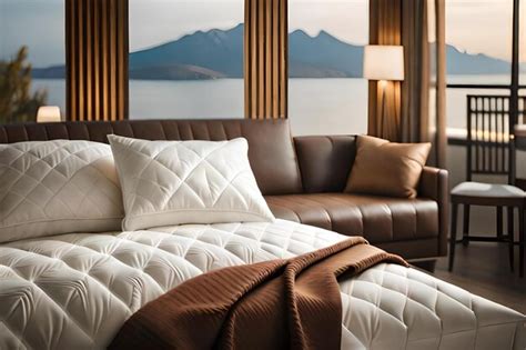 Premium Photo | A brown leather couch with a white blanket and pillows.