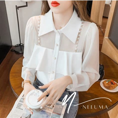 Jual Neeuma Sachi Blouse Lengan Panjang Kerah Kemeja Polos Kekinian