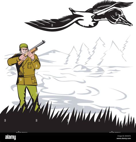 Illustration Of A Hunter Aiming Shotgun Rifle Gun At Game Bird Duck