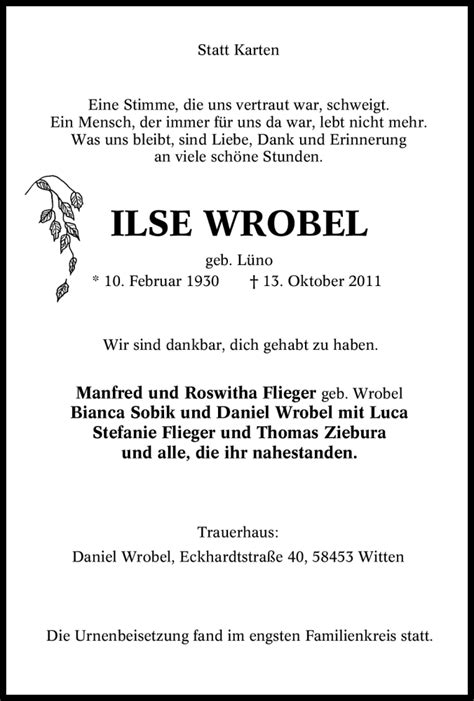 Traueranzeigen Von Ilse Wrobel Trauer In NRW De