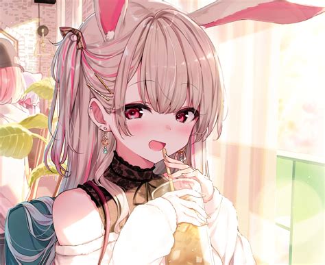 Animal Ears Blush Brown Hair Bunny Ears Bunnygirl Cropped Drink Long