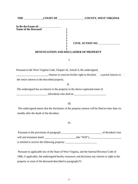 Renunciation And Disclaimer Of Property From Will By Testate West Virginia Form Fill Out And