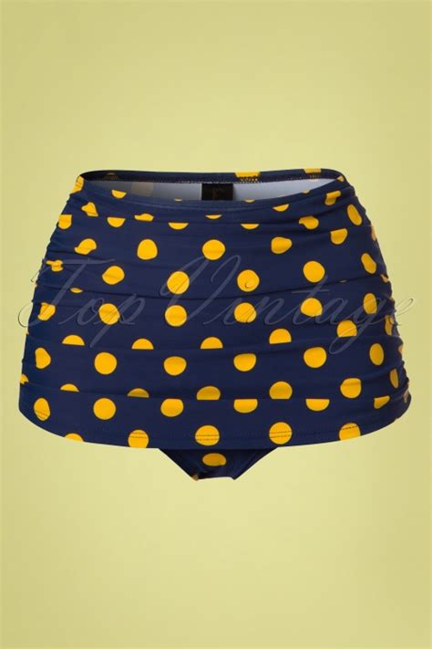 Esther Williams 50s Classic Polkadot Bikini Pants In Navy And Yellow