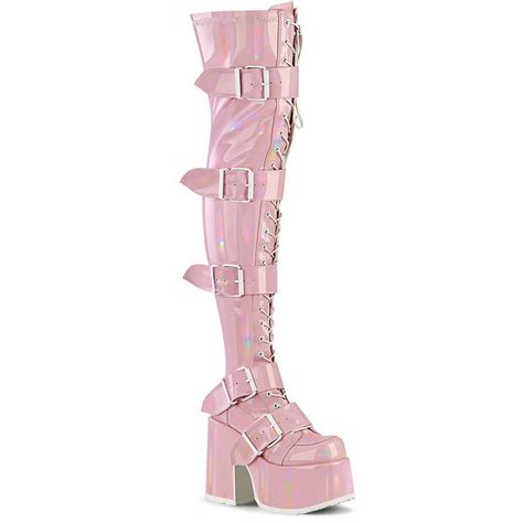 Demonia 3 Platform Pink Hologram Thigh High Boots Spicy Lingerie