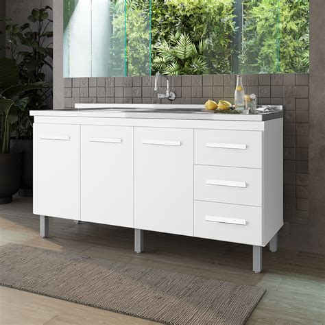 Gabinete Pia Cozinha 150 Cm - Balcão Pia Cozinha Gabinete Armário 150 Cm 3 Portas 3 Gavetas - Black ...