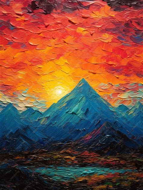 Premium AI Image | A painting of mountains with a sunset in the background