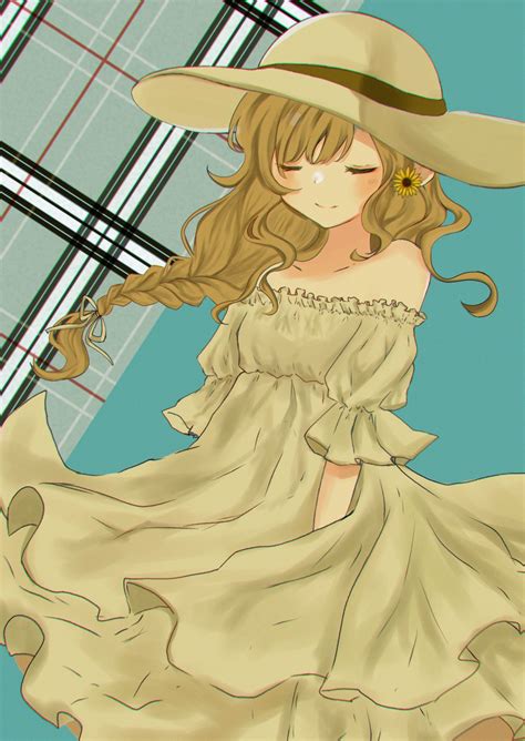 Safebooru 1girl Bare Shoulders Blue Background Blush Braid Brown Hair Closed Eyes Dress