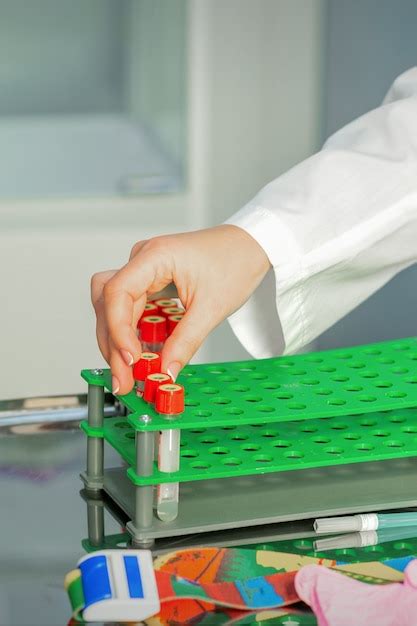 Premium Photo The Technician S Hand Puts Tests Of Empty Blood Tube To