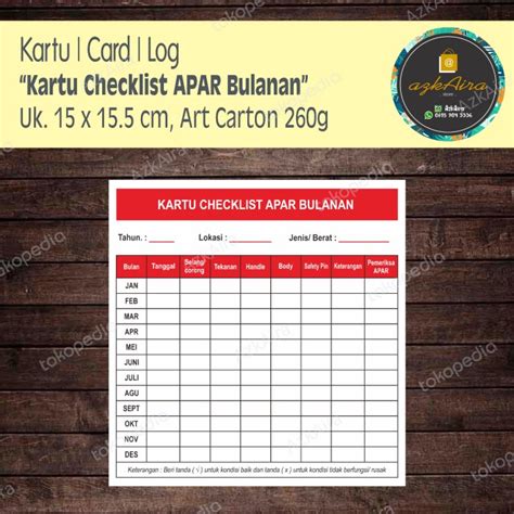 Jual Kartu Checklist Ceklis Apar Bulanan Kab Tangerang Azkaira