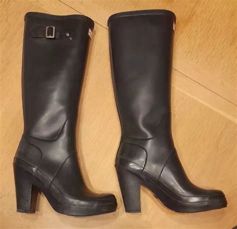 Rare Hunter Fulbrooke Tall Black Rubber High Heel Wellies Rain Boots Uk 5 £17500 Picclick Uk