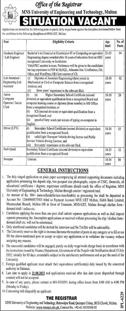 MNS UET Multan Jobs August 2023 Computer Operators Clerks Others