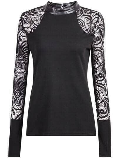 Black Contrast Lace Long Sleeve Slim Blouse Shein Sheinside