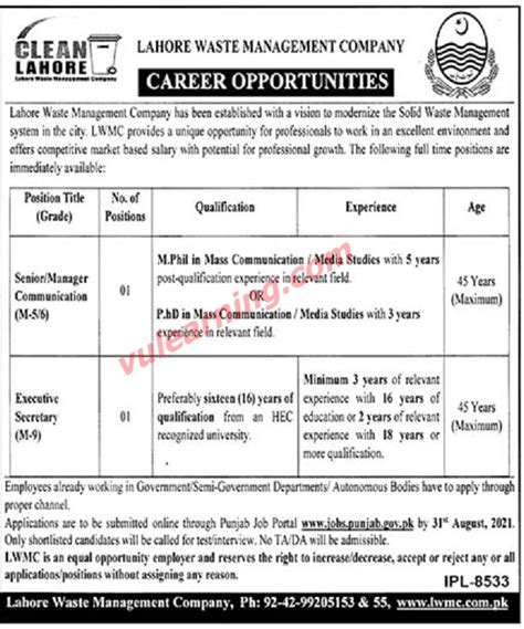 Lahore Waste Management Company Lwmc Jobs For Executive Secretary