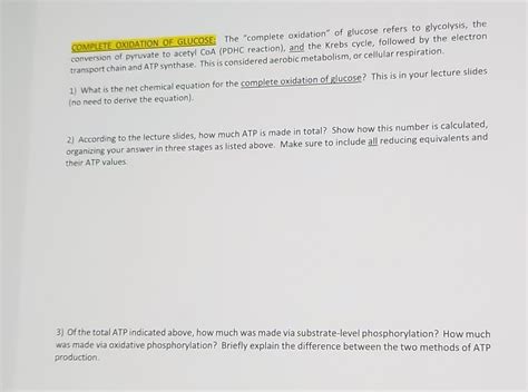 Solved COMPLETE OXIDATION OF GLUCOSE: The "complete | Chegg.com