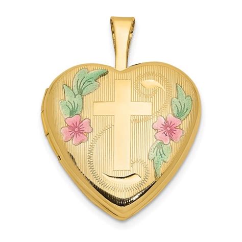 14k Yellow Gold Cross Heart Locket With Enamel Flowers 58in Xl796