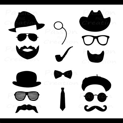 Digital Mustache Clipart Silhouette Hat Glasses Bow Tie - Etsy