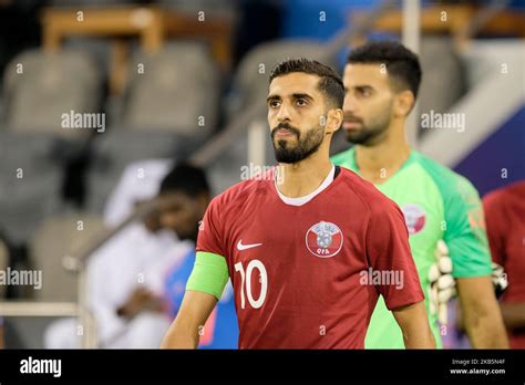 Qatar captain Hassan Al-Haydos leads his team out for Qatar vs India in ...