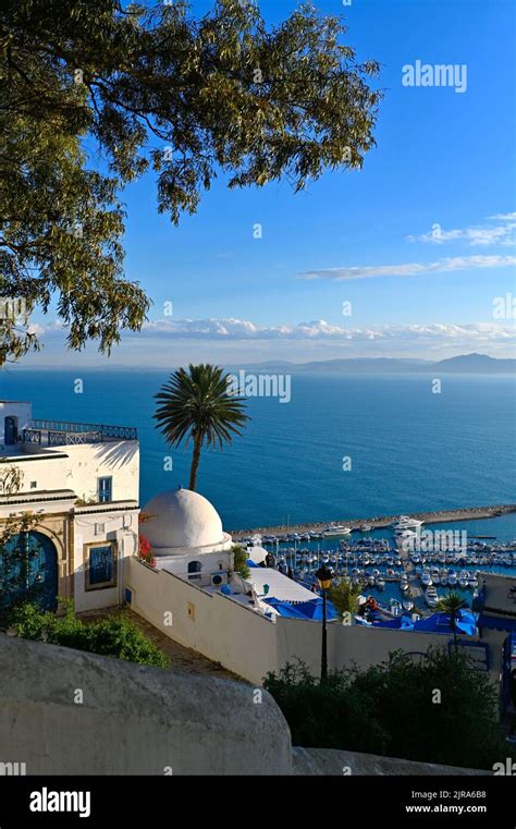 Tunisia Sidi Bou Said Village With White Houses Set High Up On A Cliff Overhanging The Gulf Of