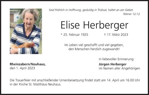 Elise Herberger Traueranzeige Trauer InFranken De