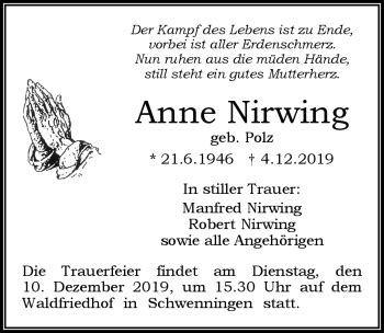 Traueranzeigen Von Anne Nirwing Schwarzw Lder Bote Trauer