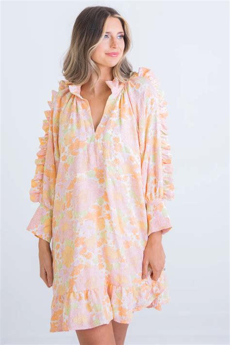 Floral Ruffled Long Sleeve V Neck Dress Peacocks And Pearls Lexington