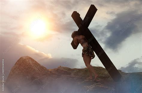 Jesus Christ Carrying The Cross Render 3d Obrazy Fototapety Plakaty