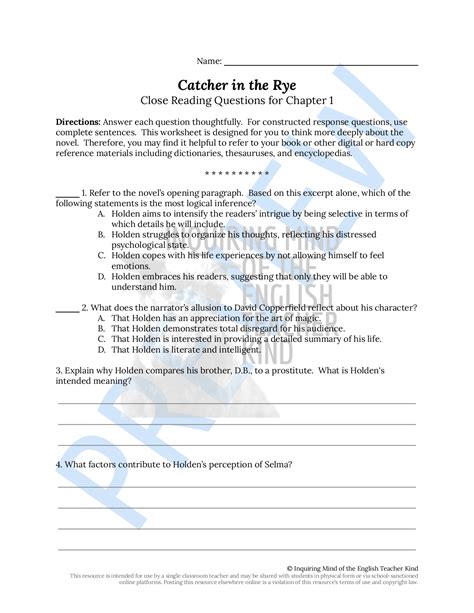 Catcher In The Rye Chapter 1 Close Reading Analysis Worksheet Teaching Resources