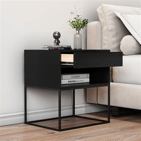 Black Modern Nightstand with Drawer and Black Metal Base - Bedroom ...