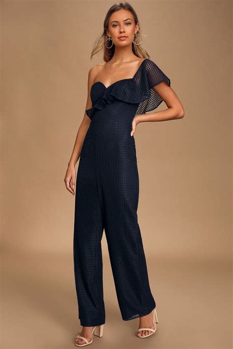 Navy Blue One Shoulder Ruffled Mesh Jumpsuit Wide Leg Jumpsuit